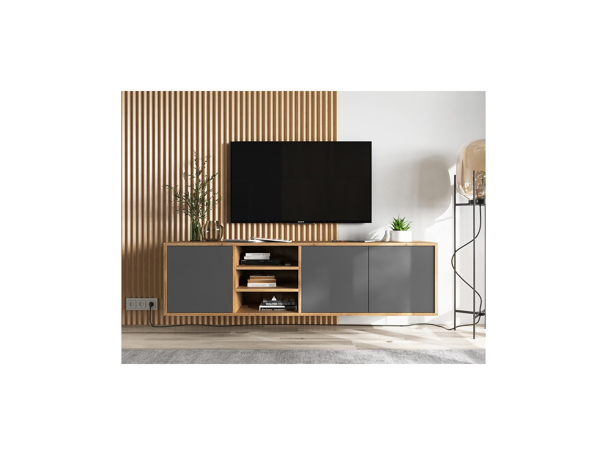 Wisząca szafka RTV APOLLO Loft 150 cm  Dąb wotan/grafit MAT