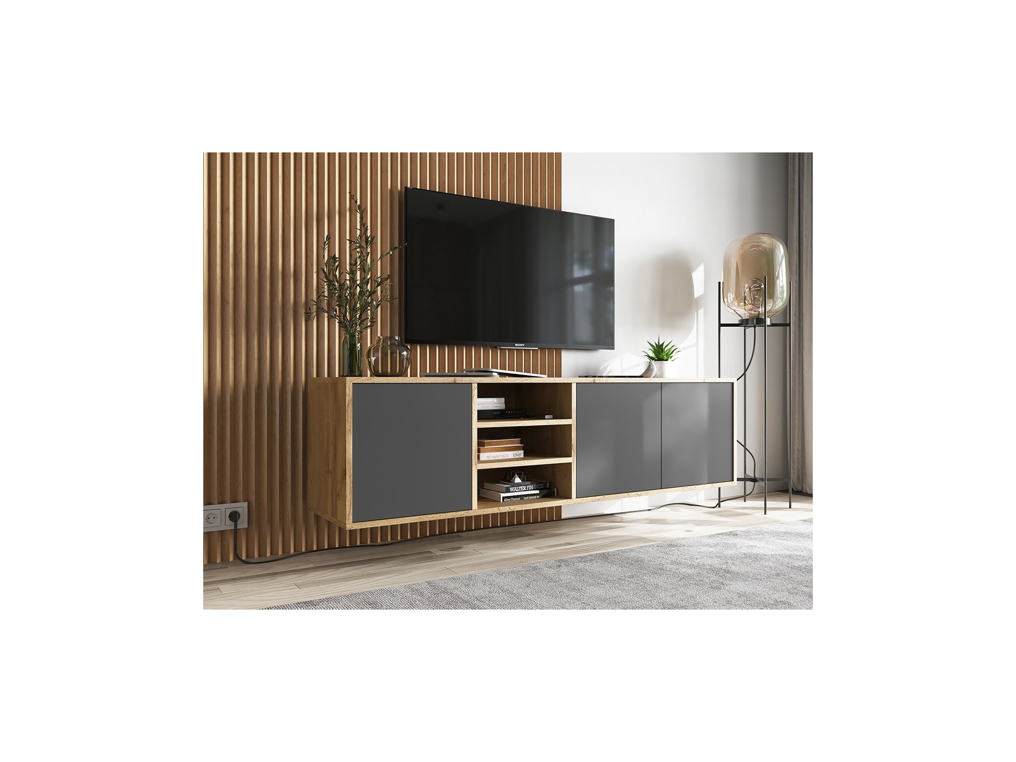 Wisząca szafka RTV APOLLO Loft 150 cm  Dąb wotan/grafit MAT