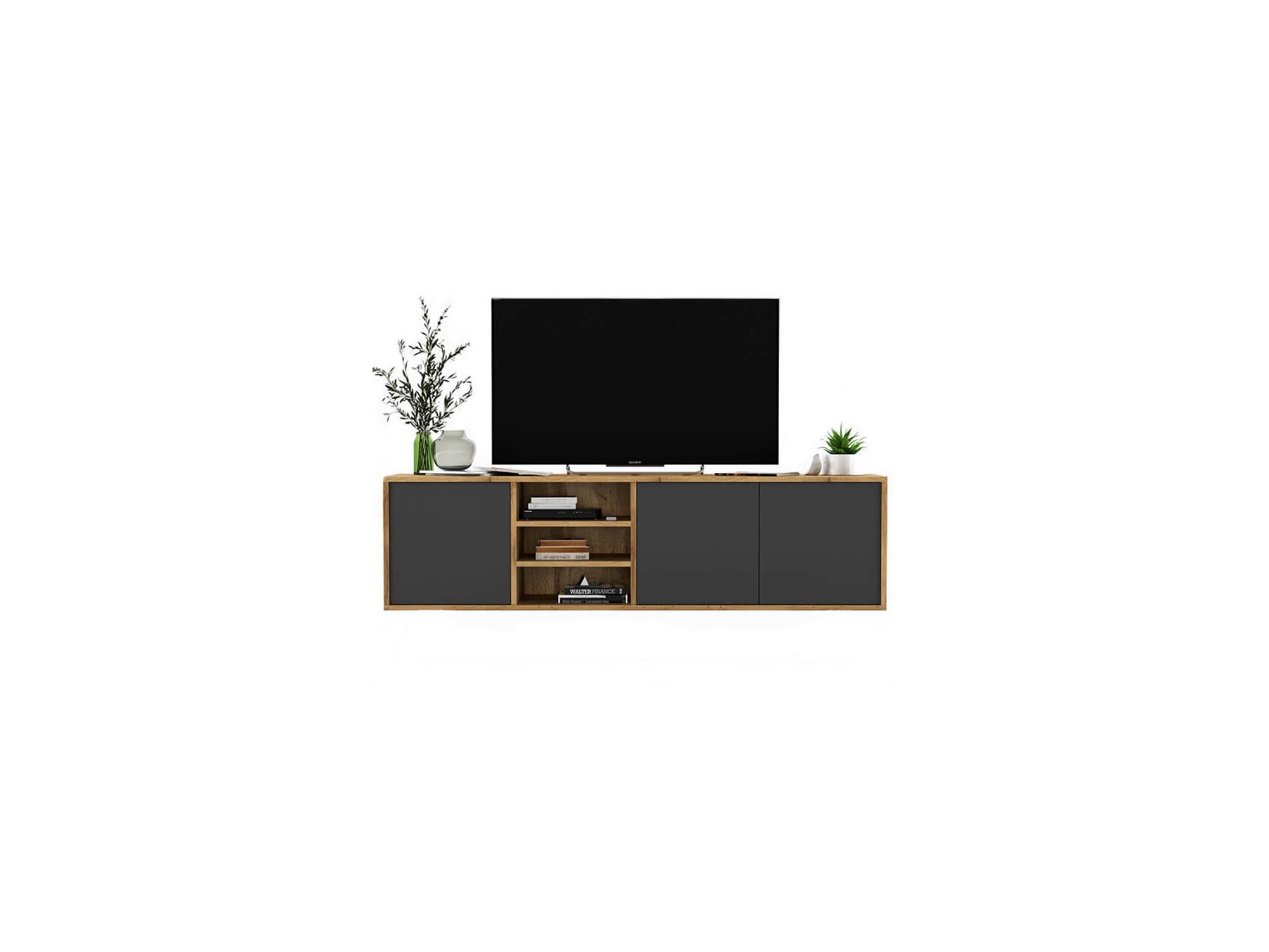 Wisząca szafka RTV APOLLO Loft 150 cm  Dąb wotan/grafit MAT