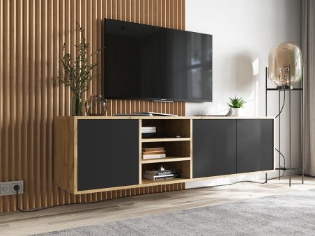 Wisząca Szafka RTV Loft 150 cm APOLLO Dąb Wotan/Czarny MAT, Dobra Cena, Sklep Online1