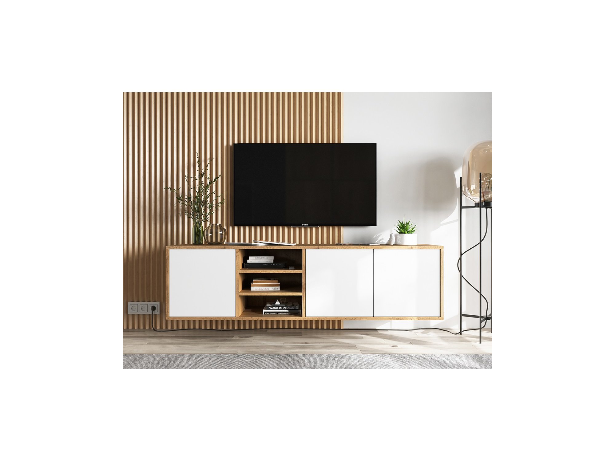 Wisząca Szafka RTV Loft APOLLO 150 cm, Biała/Dąb Wotan, Dobra Cena, Sklep Online | Meble Lindner