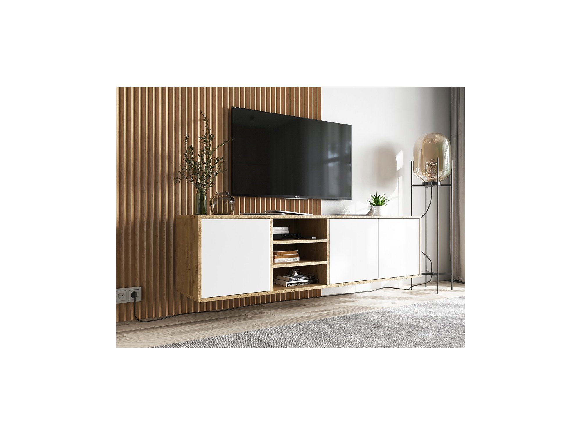 Wisząca Szafka RTV Loft APOLLO 150 cm, Biała/Dąb Wotan, Dobra Cena, Sklep Online | Meble Lindner