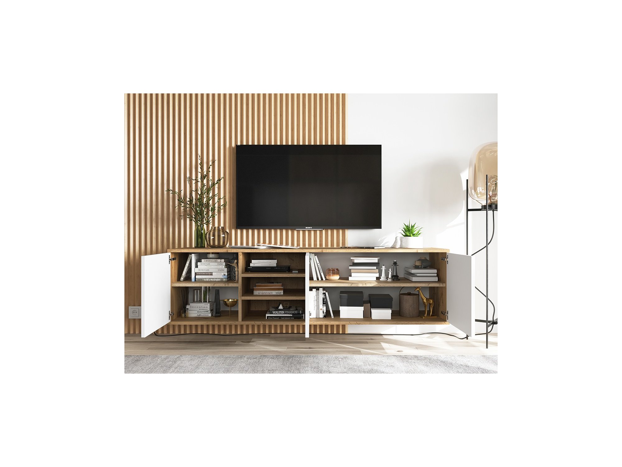 Wisząca Szafka RTV Loft APOLLO 150 cm, Biała/Dąb Wotan, Dobra Cena, Sklep Online | Meble Lindner