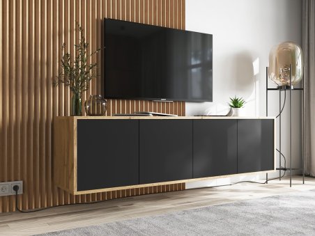 Wisząca Szafka RTV Loft 150 cm APOLLO 2 Dąb Wotan/Czarny MAT, Dobra Cena, Sklep Online1