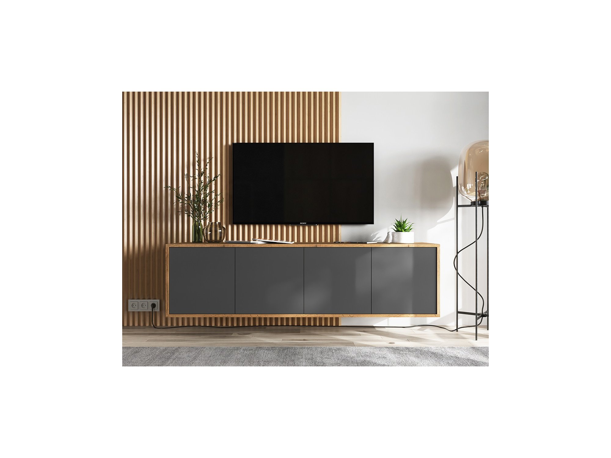 Wisząca Szafka RTV APOLLO 2 Loft Industrialna 150 cm Dąb wotan/grafit MAT