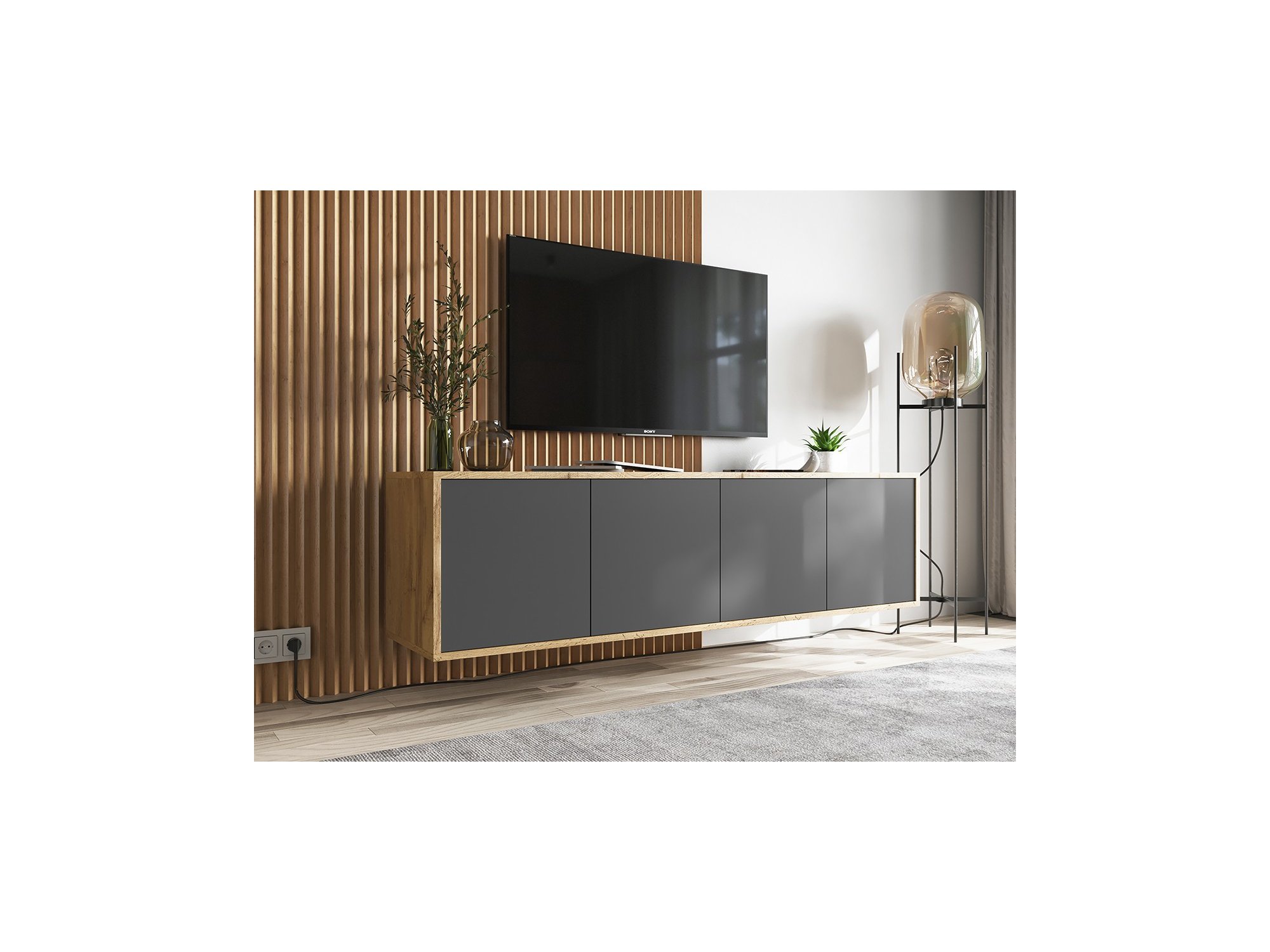 Wisząca Szafka RTV APOLLO 2 Loft Industrialna 150 cm Dąb wotan/grafit MAT