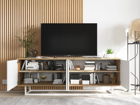 Nowoczesna Szafka RTV APOLLO 2 loft 150 cm stelaż dąb wotan/biały MAT2