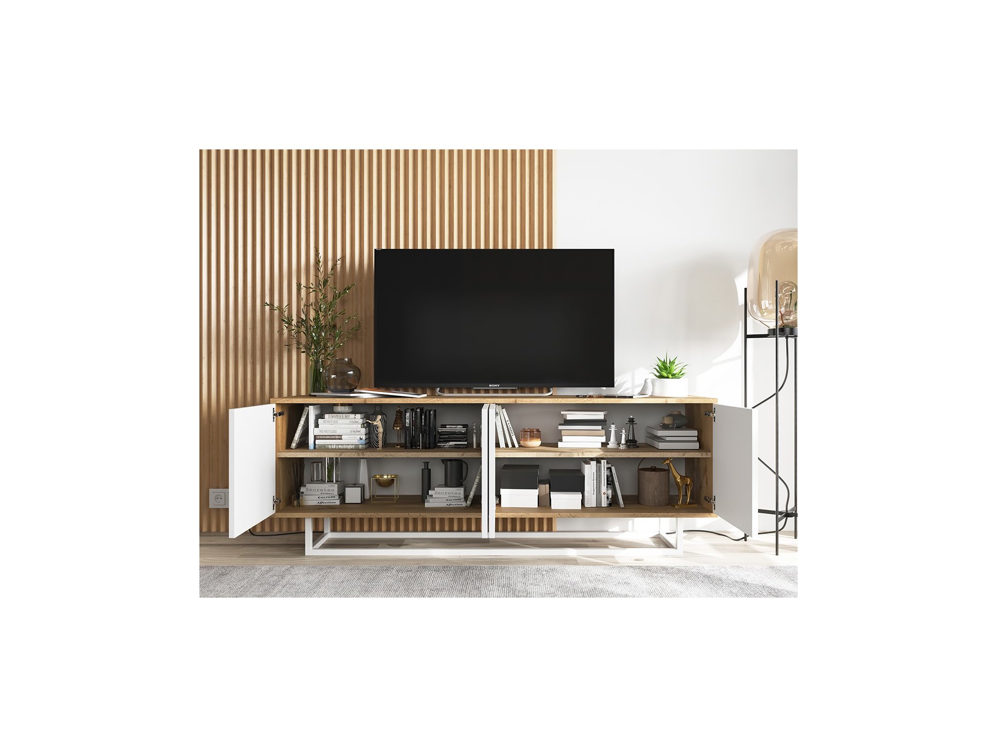 Szafka RTV Loft APOLLO 2,150 cm, Biała/Dąb Wotan, Stelaż, Dobra Cena, Sklep Online | Meble Lindner