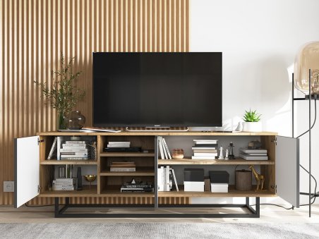 Szafka RTV APOLLO Loft Industrialna MAT 150 cm stelaż - dąb wotan/biały2