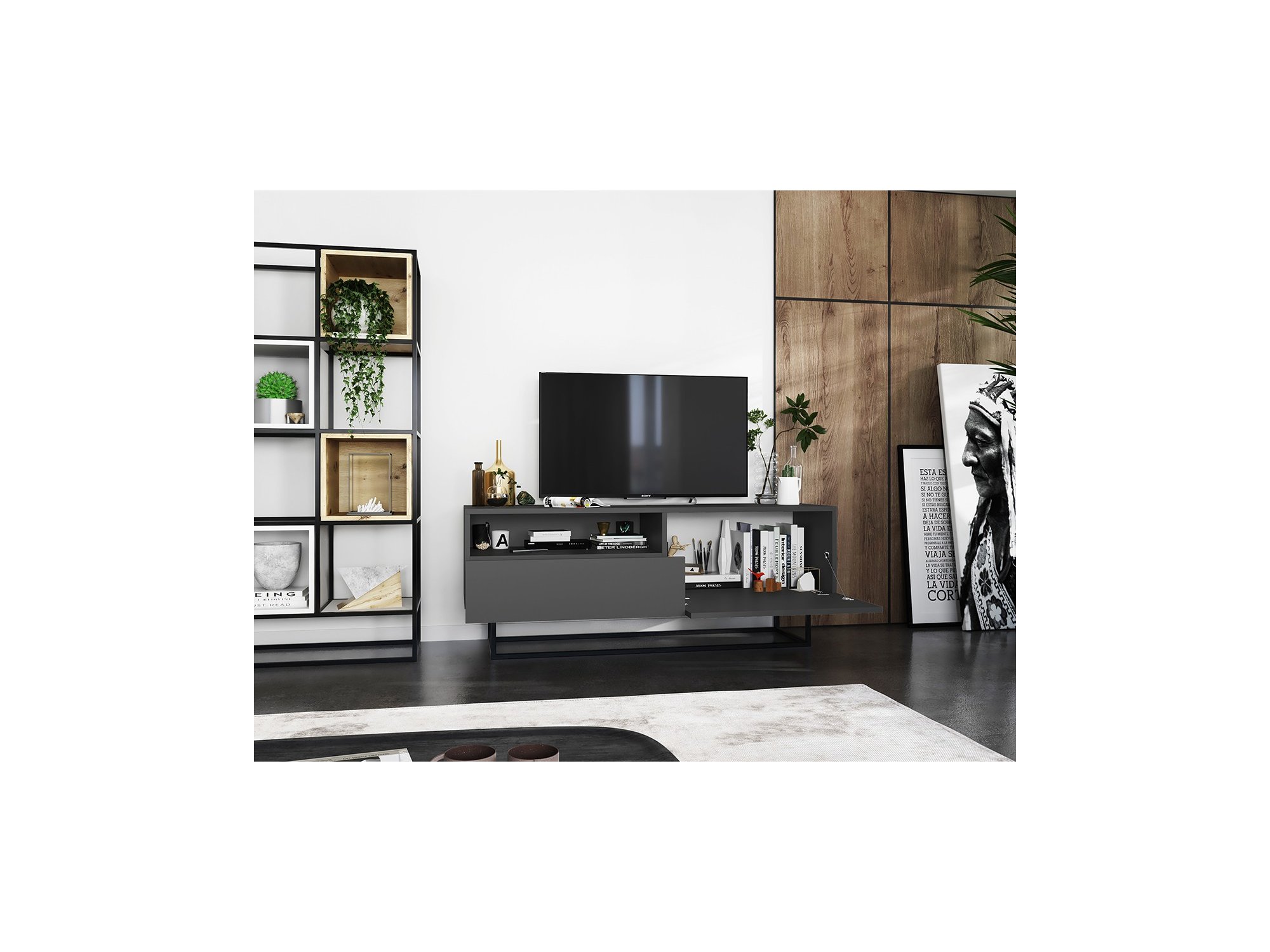 Szafka RTV ENJOY Loft Industrialna szuflada 120 cm stelaż kolor grafit