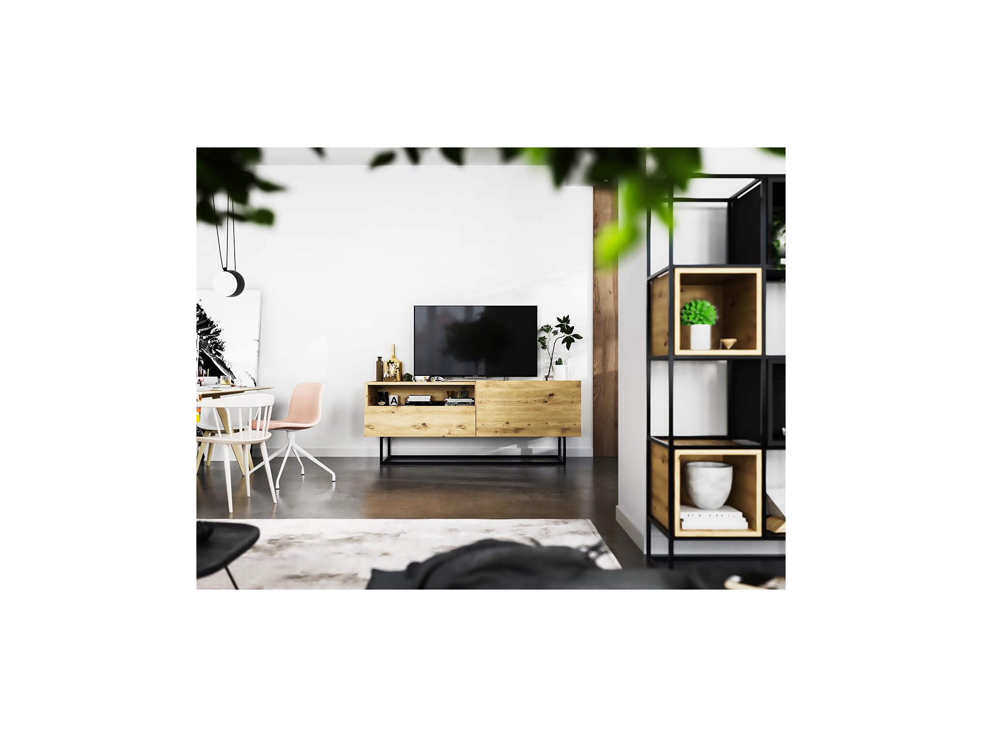 Szafka RTV ENJOY Loft Industrialna szuflada 120 cm stelaż kolor dąb artisan