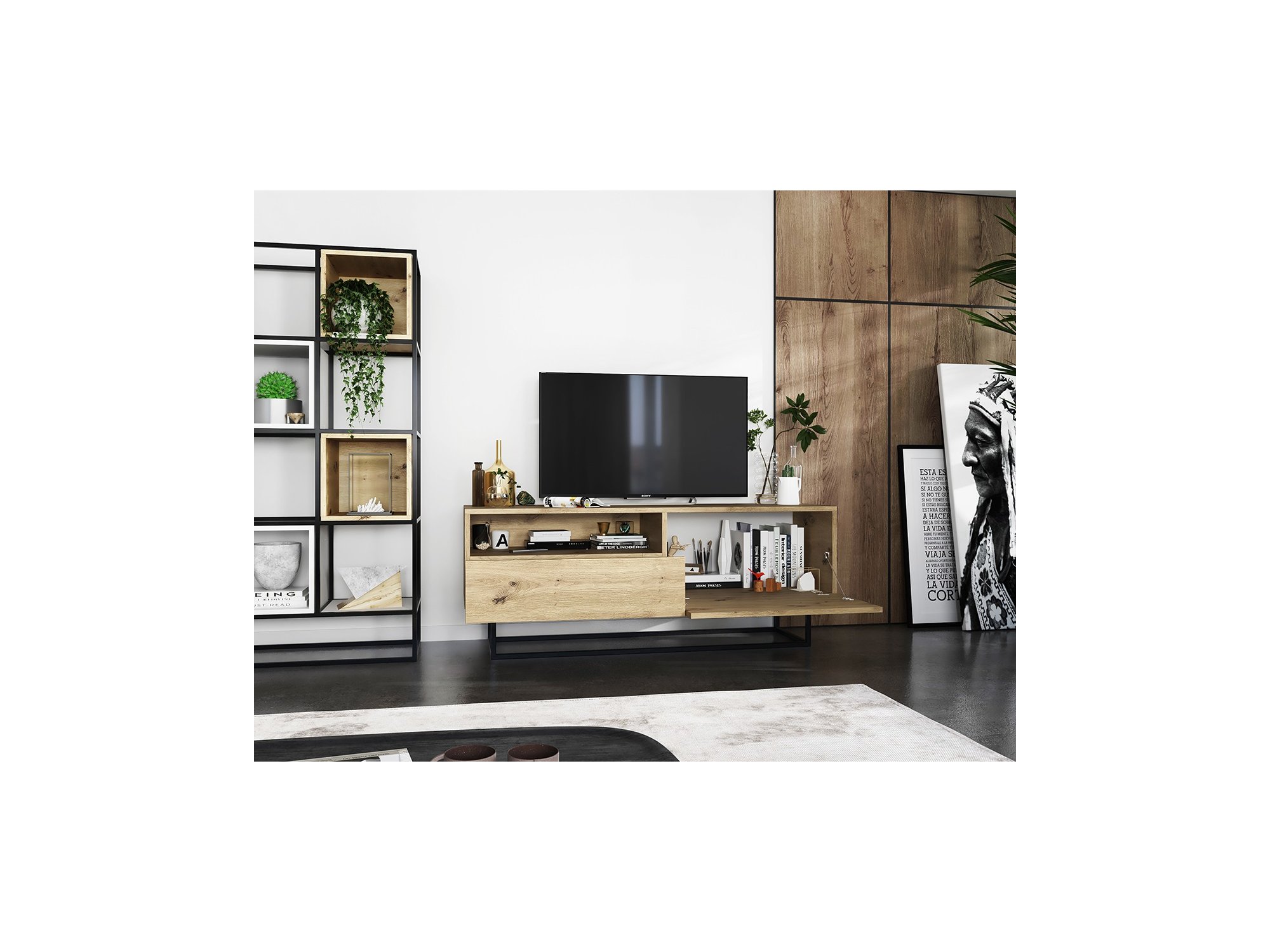 Szafka RTV ENJOY Loft Industrialna szuflada 120 cm stelaż kolor dąb artisan