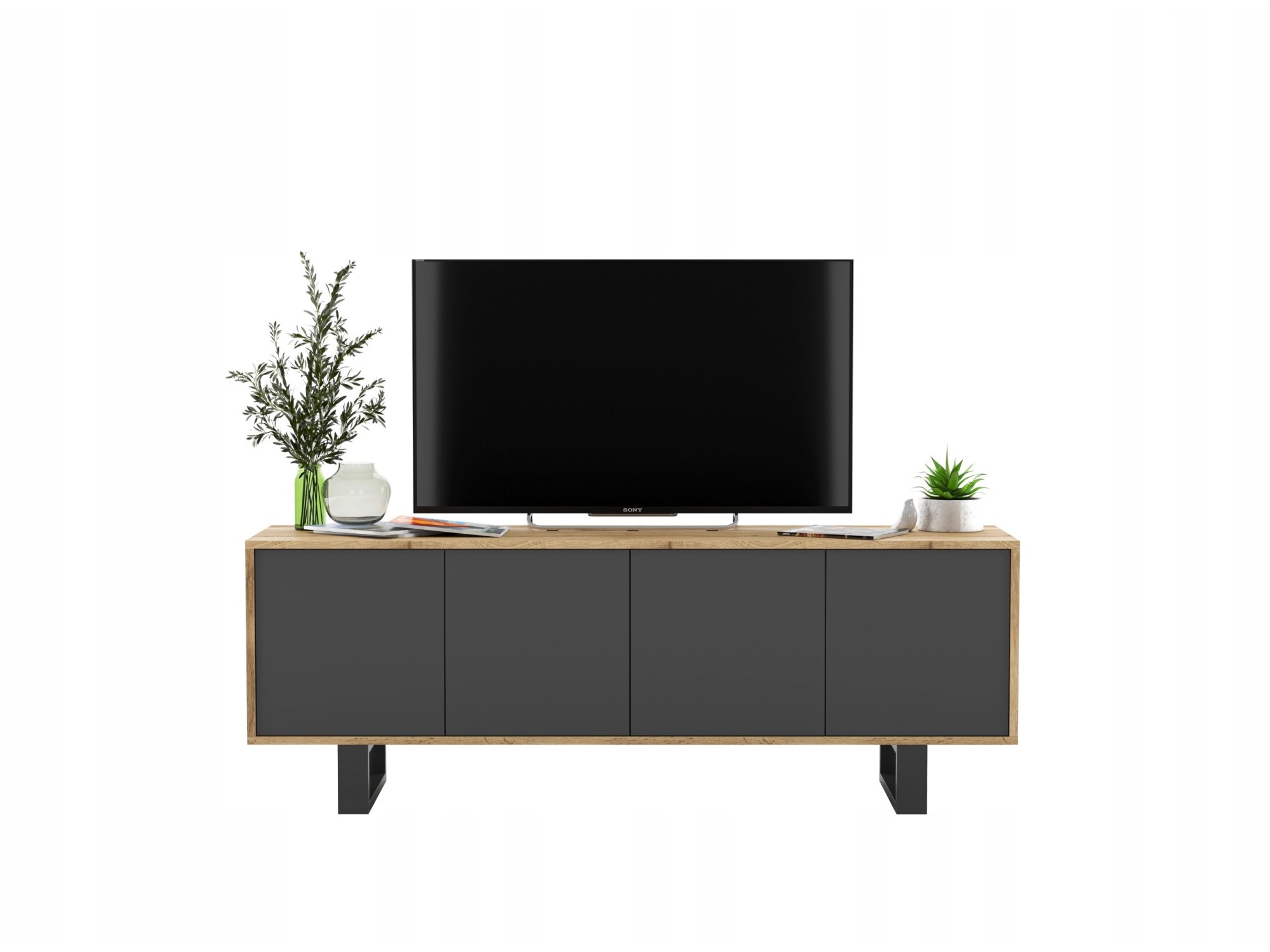 Nowoczesna Szafka RTV APOLLO 2 Loft 150 cm stelaż dąb wotan/grafit MAT