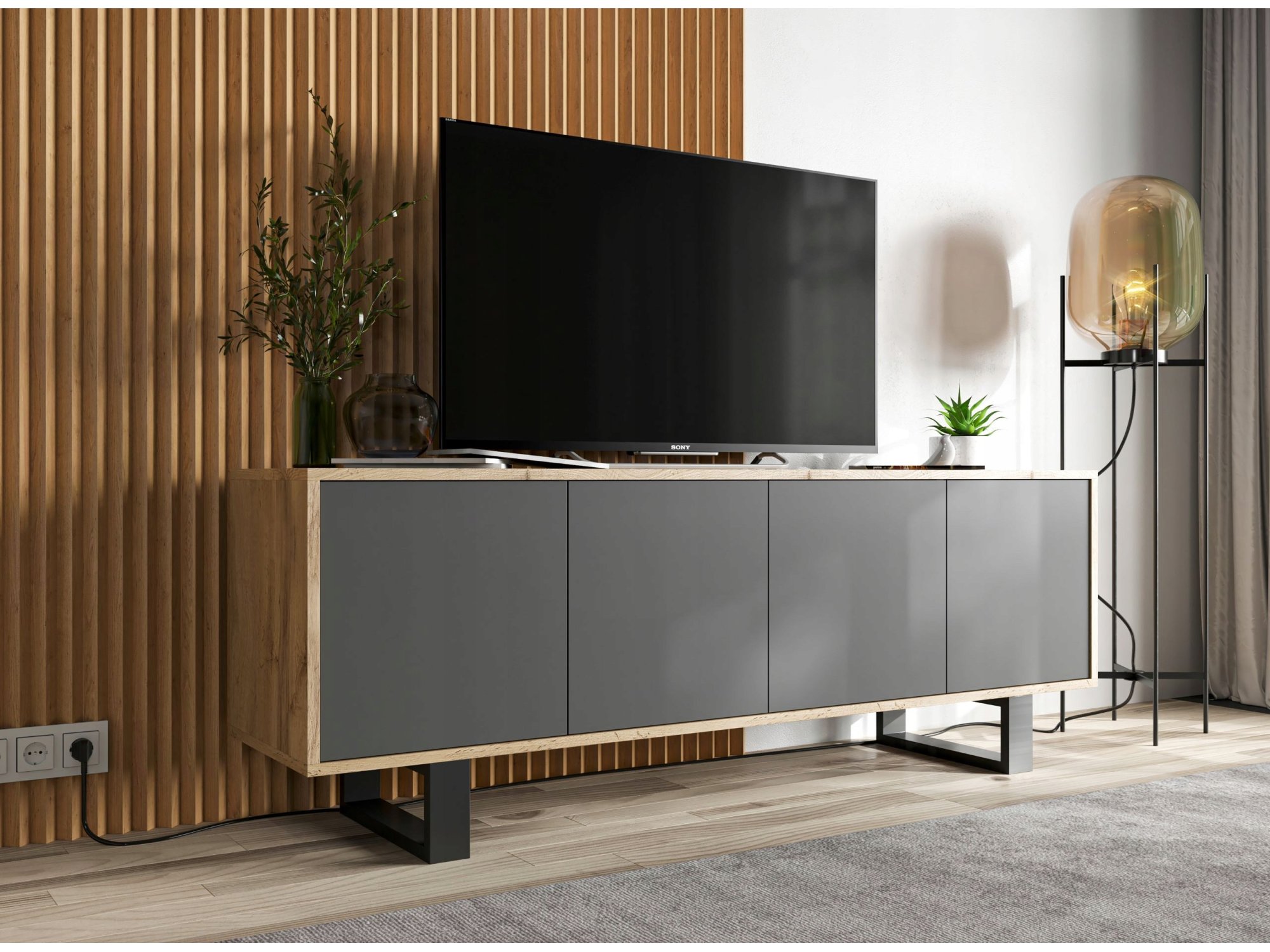 Nowoczesna Szafka RTV APOLLO 2 Loft 150 cm stelaż dąb wotan/grafit MAT