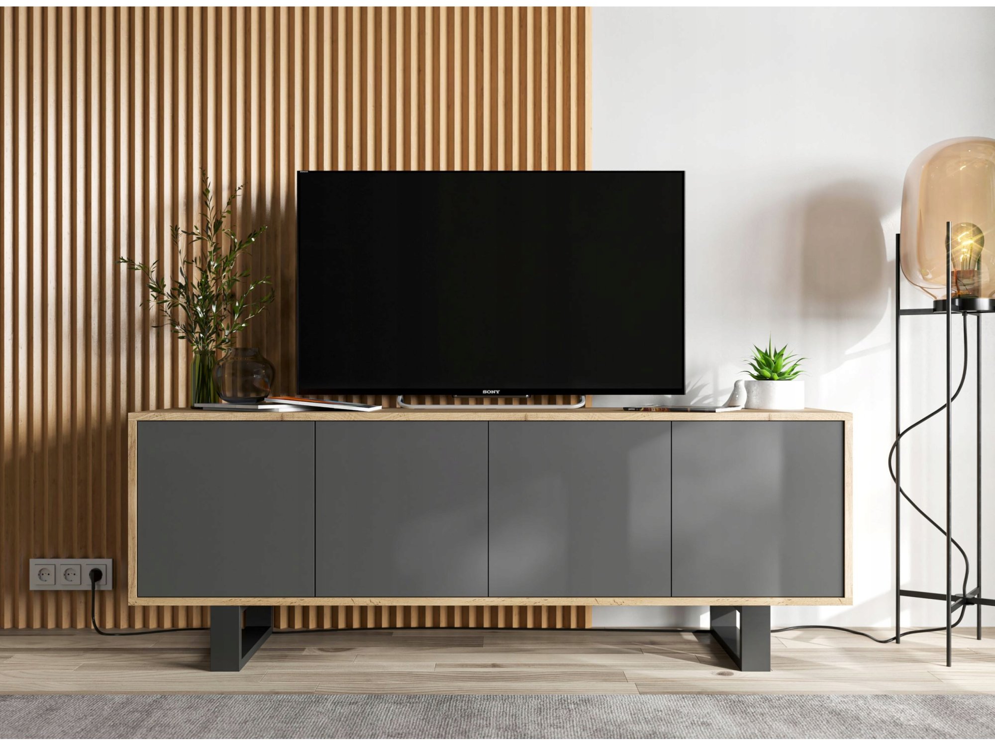 Nowoczesna Szafka RTV APOLLO 2 Loft 150 cm stelaż dąb wotan/grafit MAT