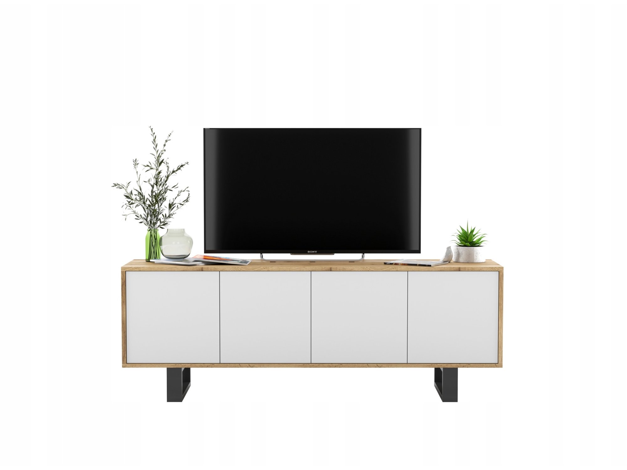 Nowoczesna Szafka RTV Loft APOLLO 2,150 cm, Biała/Dąb Wotan, ze Stelażem, Dobra Cena, Sklep Online | Meble Lindner