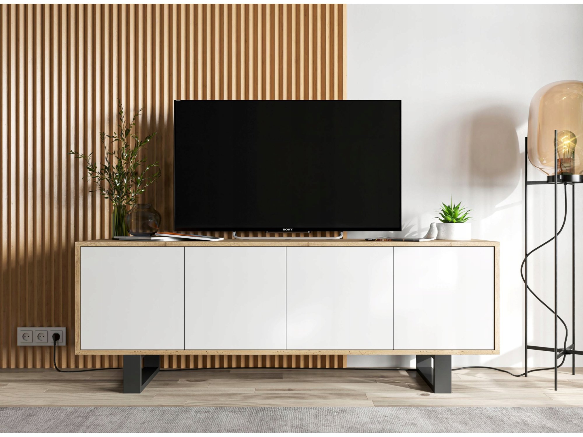 Nowoczesna Szafka RTV Loft APOLLO 2,150 cm, Biała/Dąb Wotan, ze Stelażem, Dobra Cena, Sklep Online | Meble Lindner