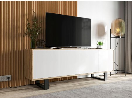 Nowoczesna Szafka RTV Loft APOLLO 2,150 cm, Biała/Dąb Wotan, ze Stelażem, Dobra Cena, Sklep Online | Meble Lindner