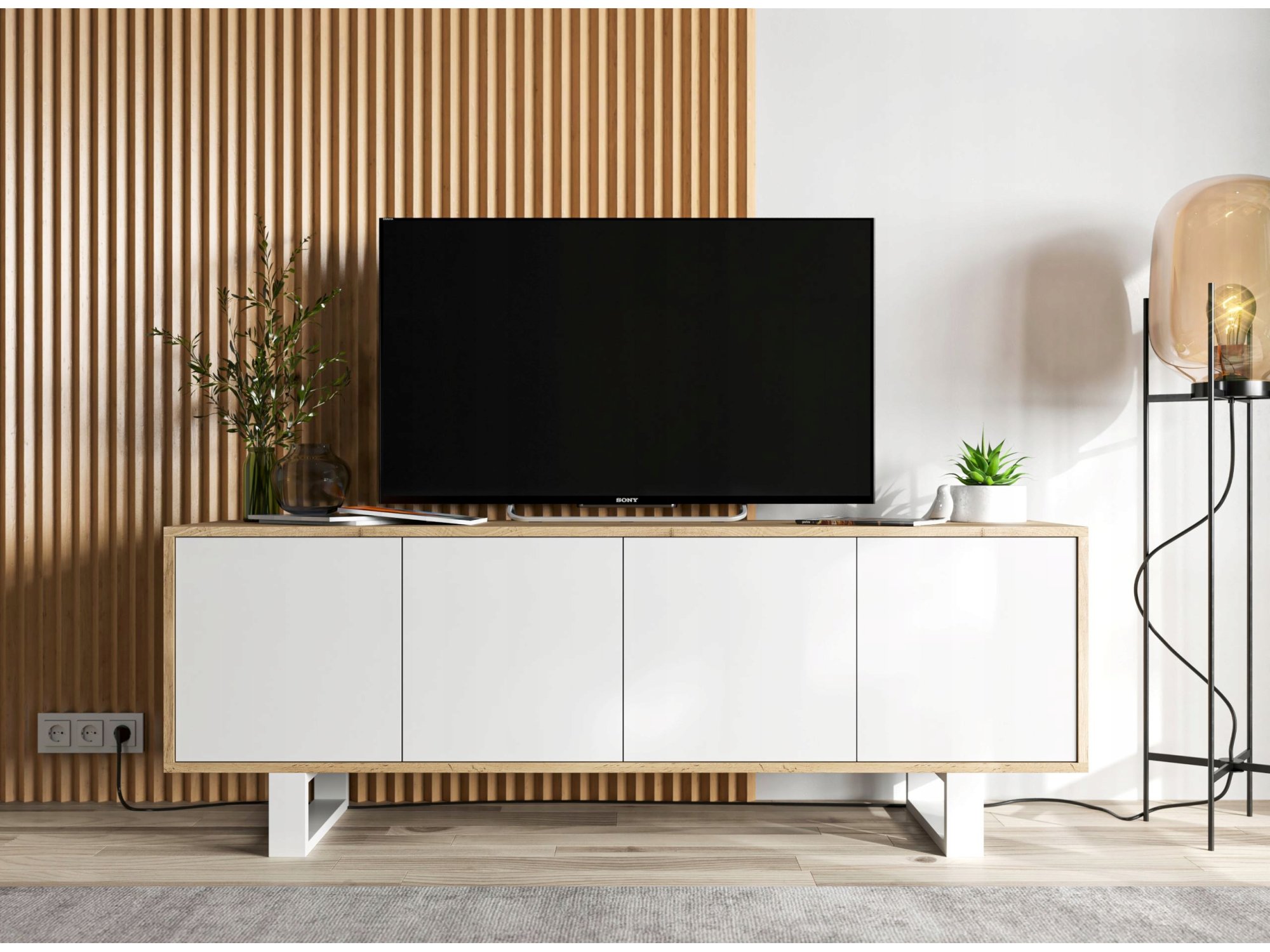 Nowoczesna Szafka RTV Loft APOLLO 2,150 cm, Biała/Dąb Wotan, ze Stelażem, Dobra Cena, Sklep Online | Meble Lindner