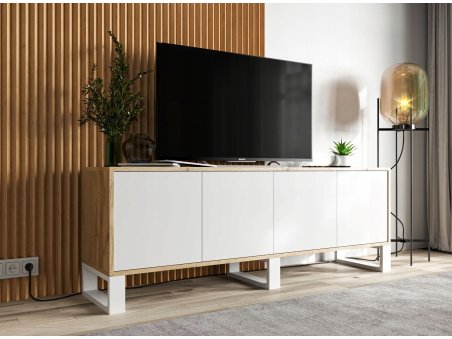 Nowoczesna Szafka RTV APOLLO 2 Loft 150 cm stelaż dąb wotan/Biały MAT1