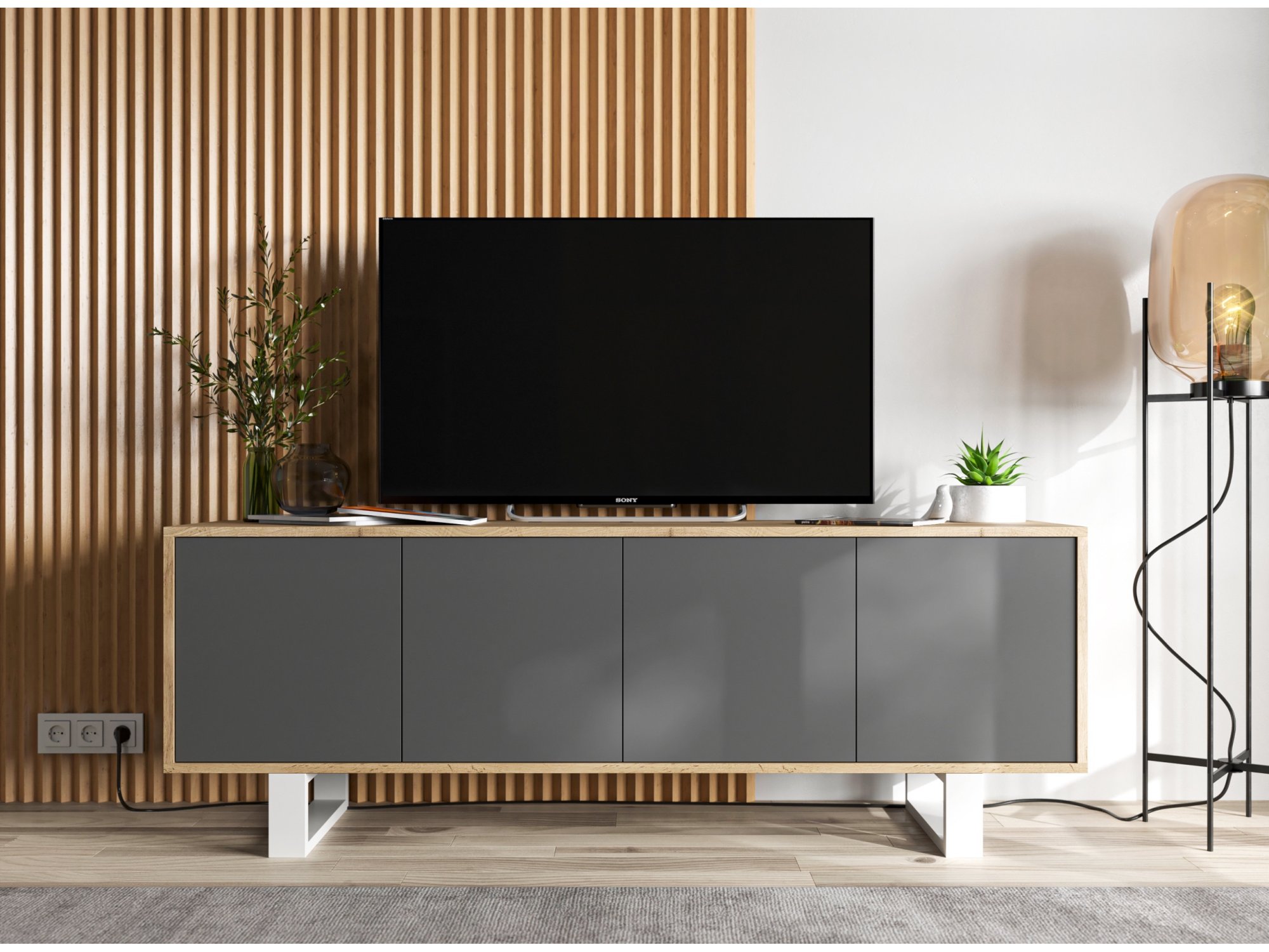 Nowoczesna Szafka RTV APOLLO 2 Loft 150 cm stelaż dąb wotan/grafit MAT