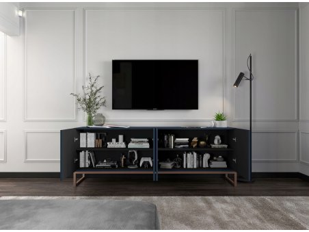 Szafka RTV Glamour ELPIS - 150 cm - granatowy mat front 3D z miedzianą ramą3