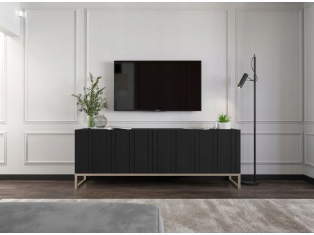 Szafka RTV Glamour ELPIS - 150 cm - czarny mat front 3D ze złotą ramą1