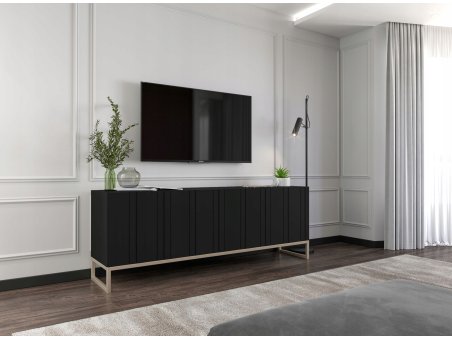 Szafka RTV Glamour ELPIS - 150 cm - czarny mat front 3D ze złotą ramą2