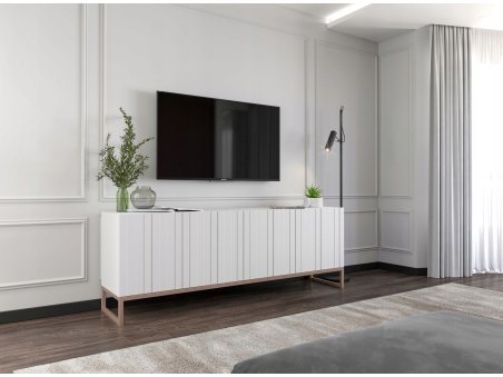 Szafka RTV Glamour ELPIS - 150 cm - biały mat front 3D z miedzianą ramą2