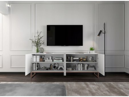 Szafka RTV Glamour ELPIS - 150 cm - biały mat front 3D z miedzianą ramą3