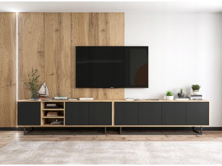 Szafka RTV Loft APOLLO 300 cm - Dąb Wotan/Czarny Mat, Dobra Cena, Sklep Online1