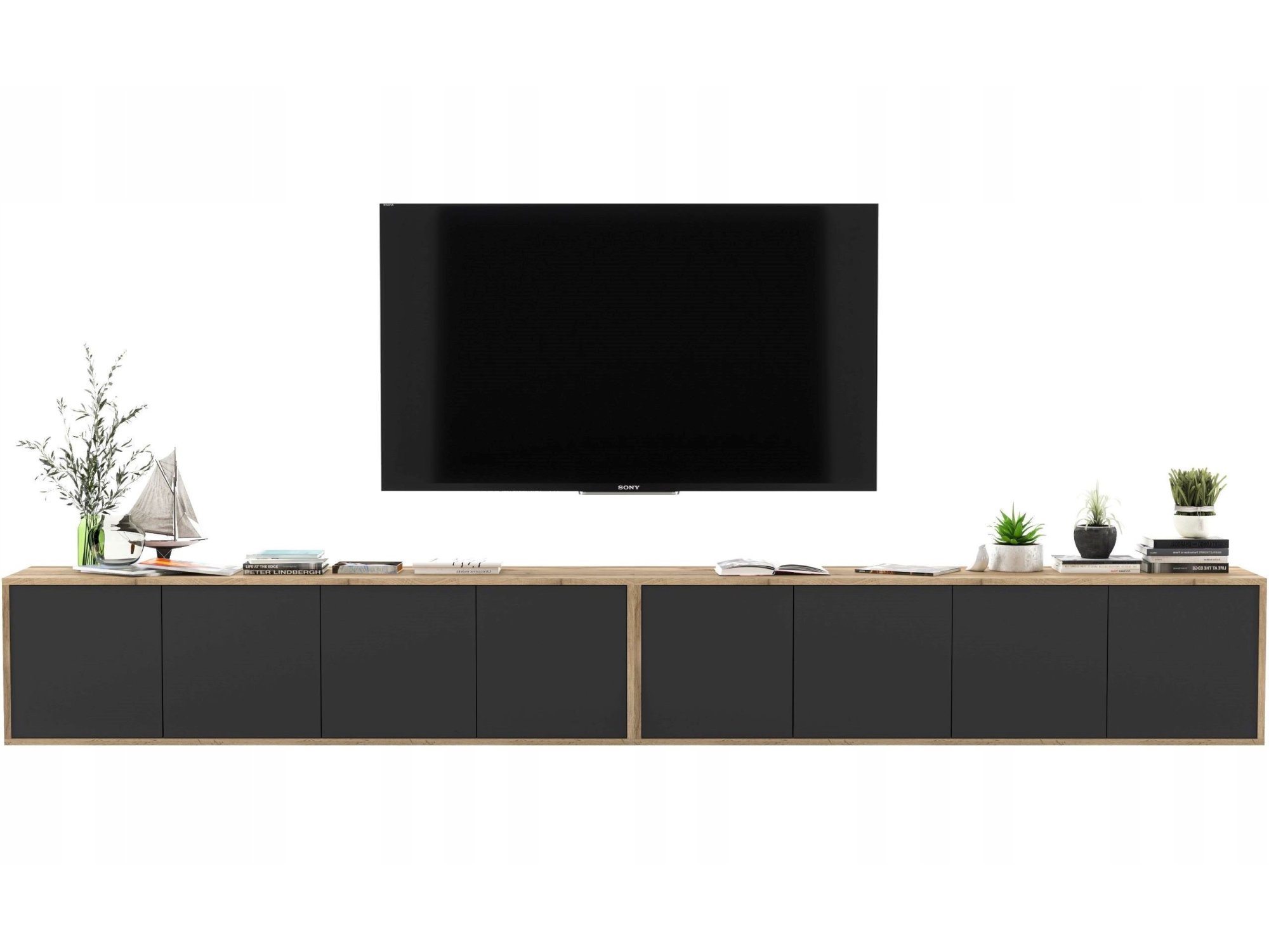 Wisząca szafka RTV Loft 300 cm APOLLO - Dąb Wotan/Czarny Mat, Dobra Cena, Sklep Online