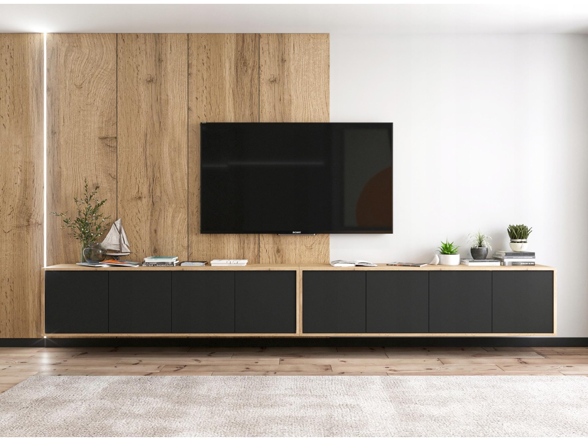 Wisząca szafka RTV Loft 300 cm APOLLO - Dąb Wotan/Czarny Mat, Dobra Cena, Sklep Online