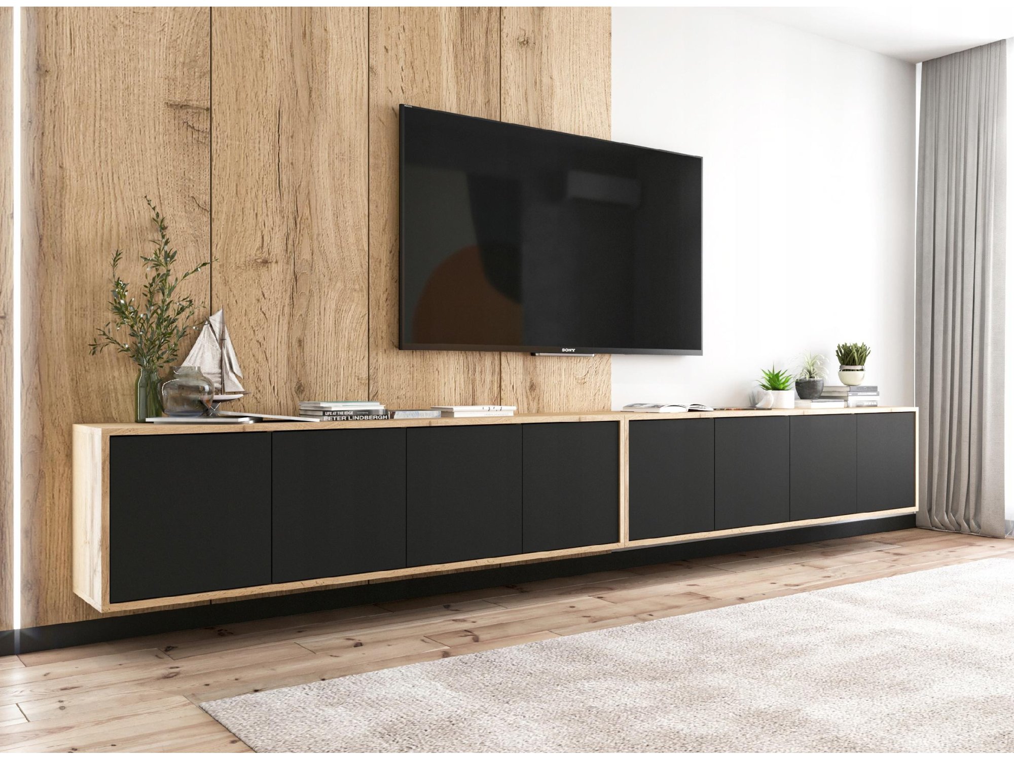 Wisząca szafka RTV Loft 300 cm APOLLO - Dąb Wotan/Czarny Mat, Dobra Cena, Sklep Online