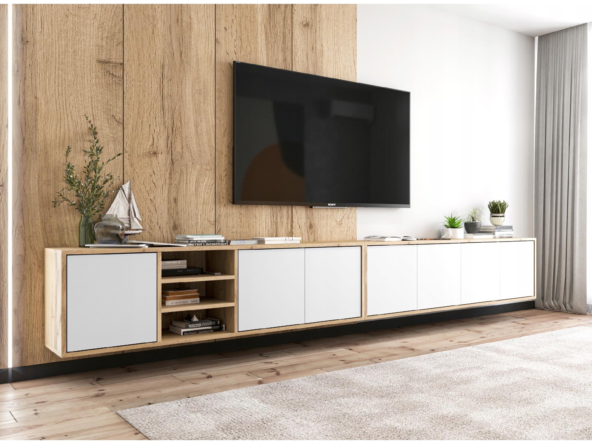 Wisząca Szafka RTV APOLLO 300 cm - Biała/Dąb Wotan, Dobra Cena, Sklep Online | Meble Lindner