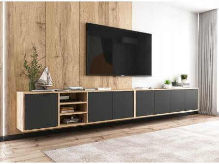 Wisząca szafka RTV APOLLO Loft 300 cm - Dąb Wotan/Czarny Mat, Dobra Cena, Sklep Online1