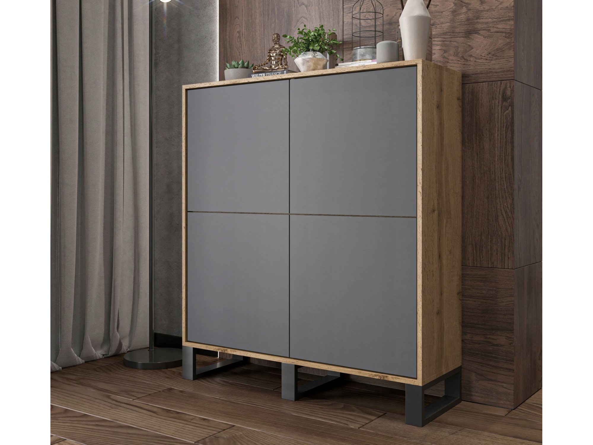 Komoda loft APOLLO czterodrzwiowa - 113 cm - dąb wotan/grafit mat
