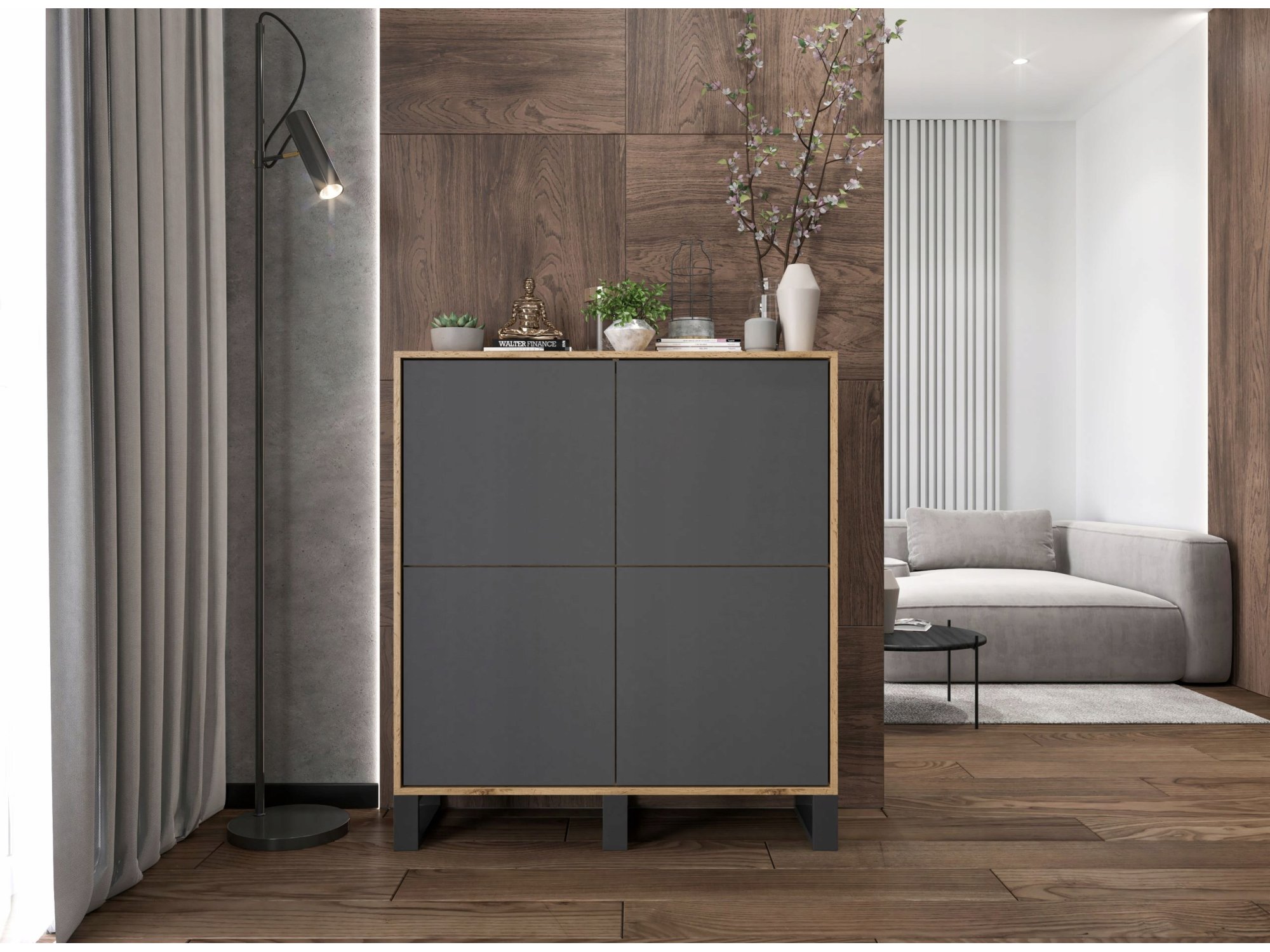 Komoda loft APOLLO czterodrzwiowa - 113 cm - dąb wotan/grafit mat