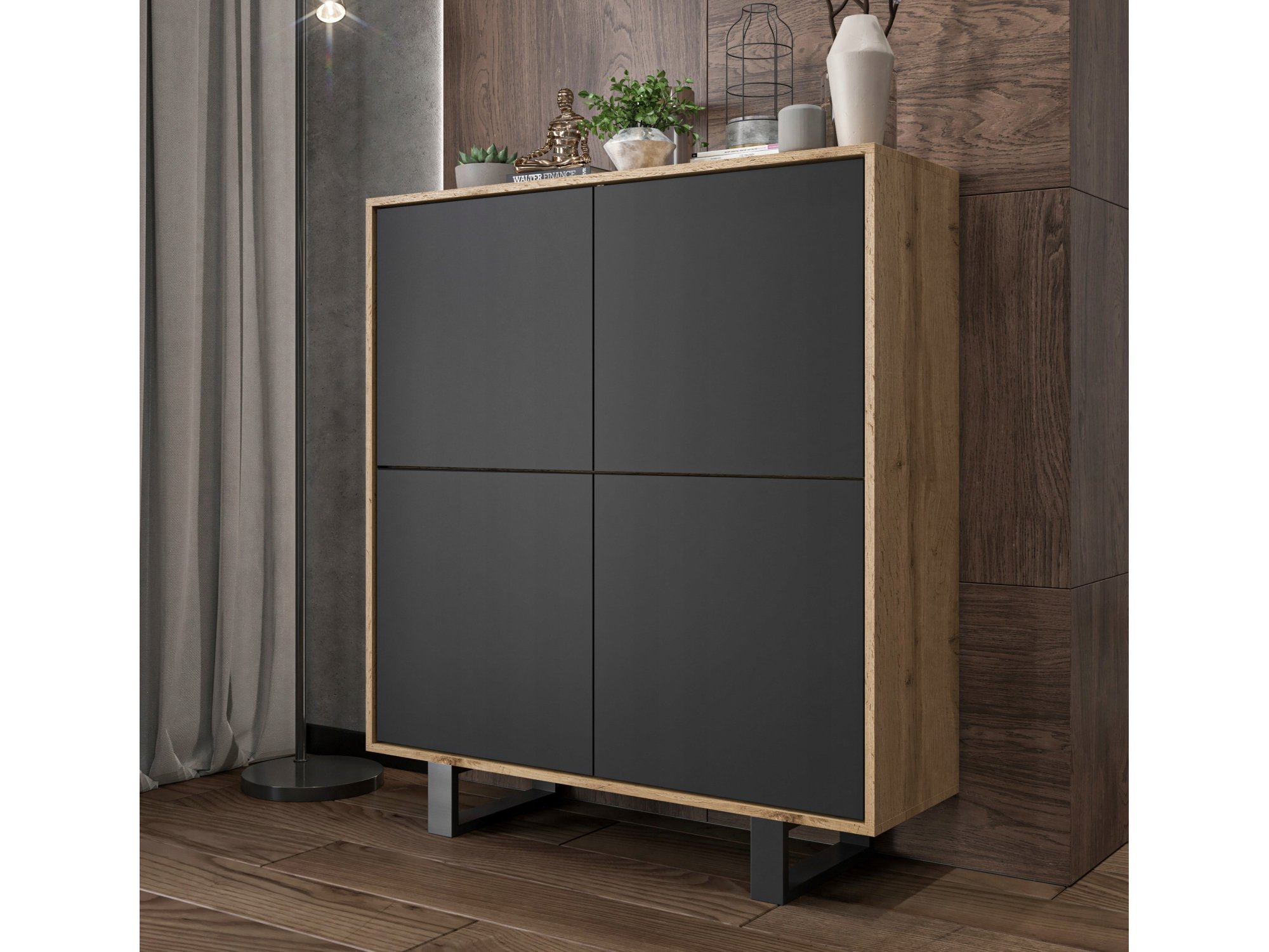 Komoda loft APOLLO 4D - 113 cm - dąb wotan/czarny mat