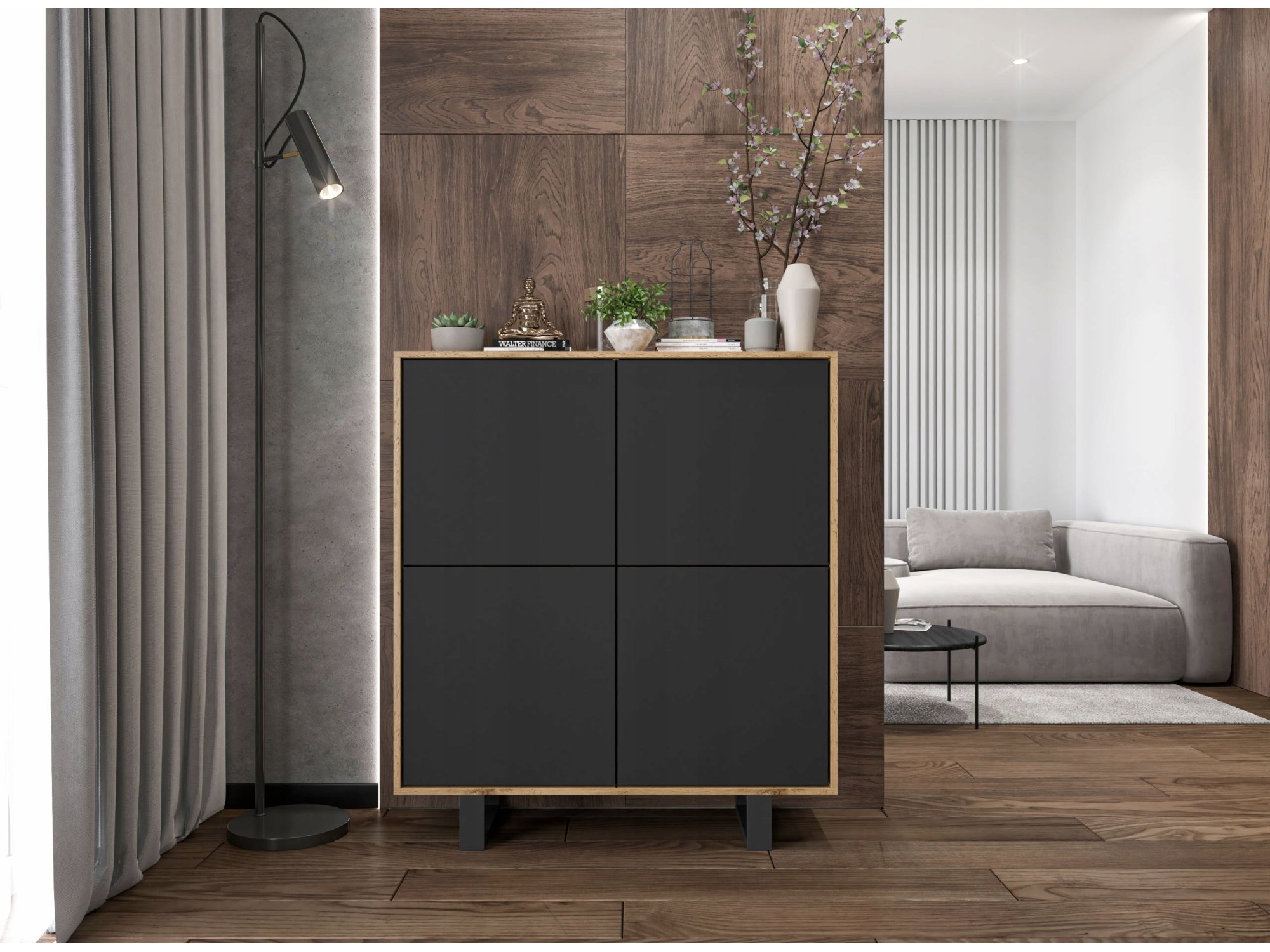 Komoda loft APOLLO 4D - 113 cm - dąb wotan/czarny mat