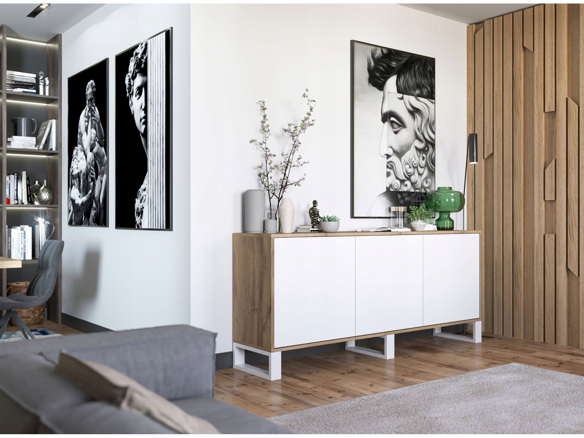 Komoda loft APOLLO 3D - 168 cm - dąb wotan/biały mat