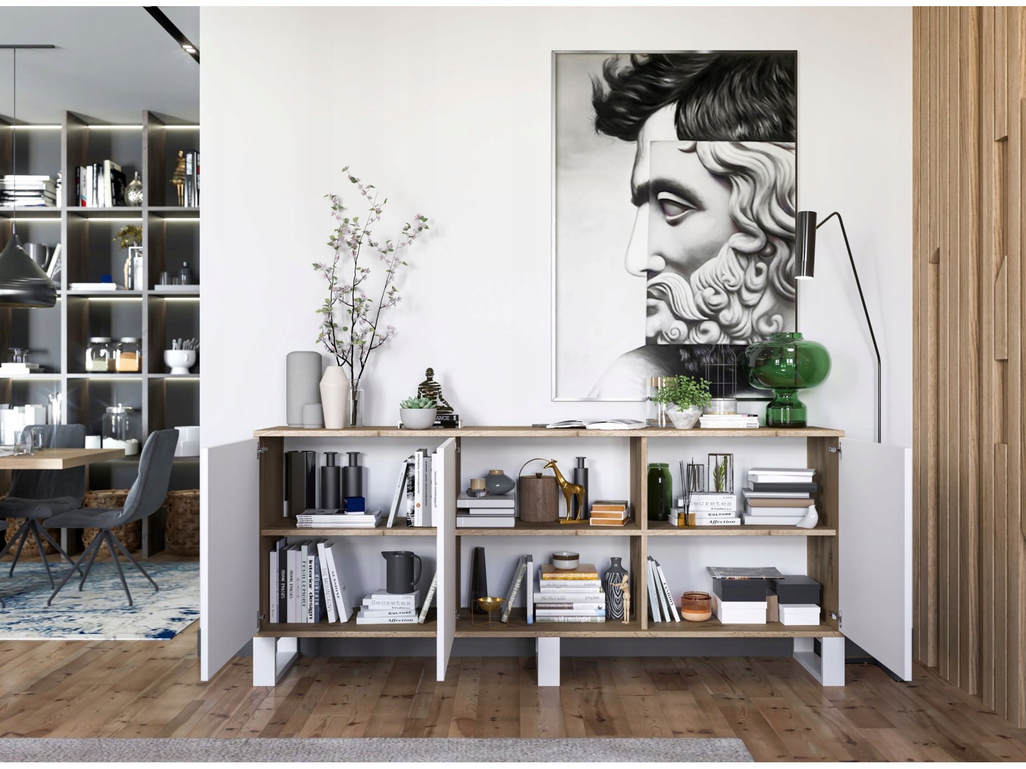 Komoda loft APOLLO 3D - 168 cm - dąb wotan/biały mat