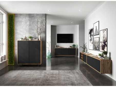 Wisząca szafka RTV APOLLO Loft 300 cm - Dąb Wotan/Czarny Mat, Dobra Cena, Sklep Online2