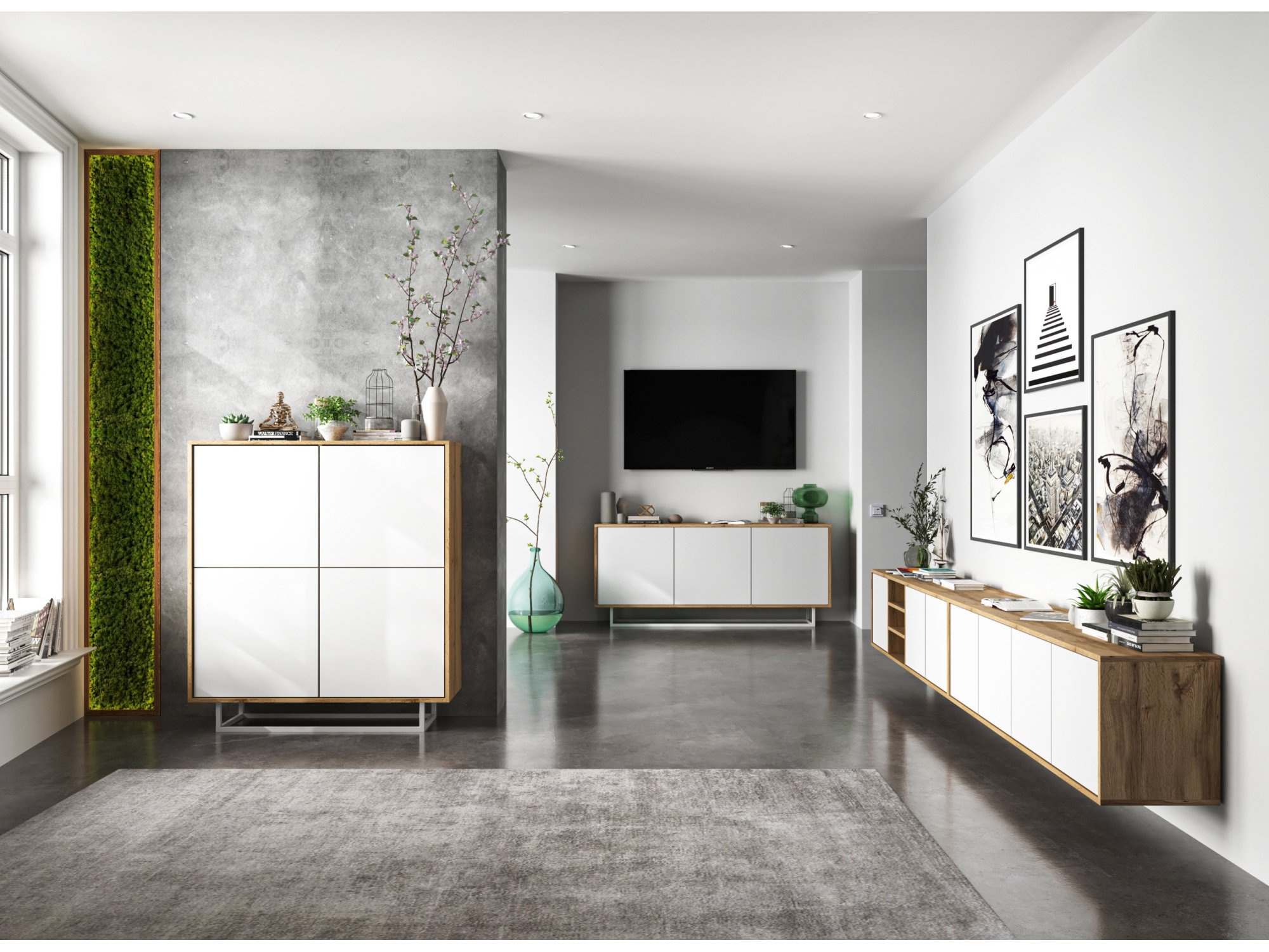 Wisząca Szafka RTV APOLLO 300 cm - Biała/Dąb Wotan, Dobra Cena, Sklep Online | Meble Lindner