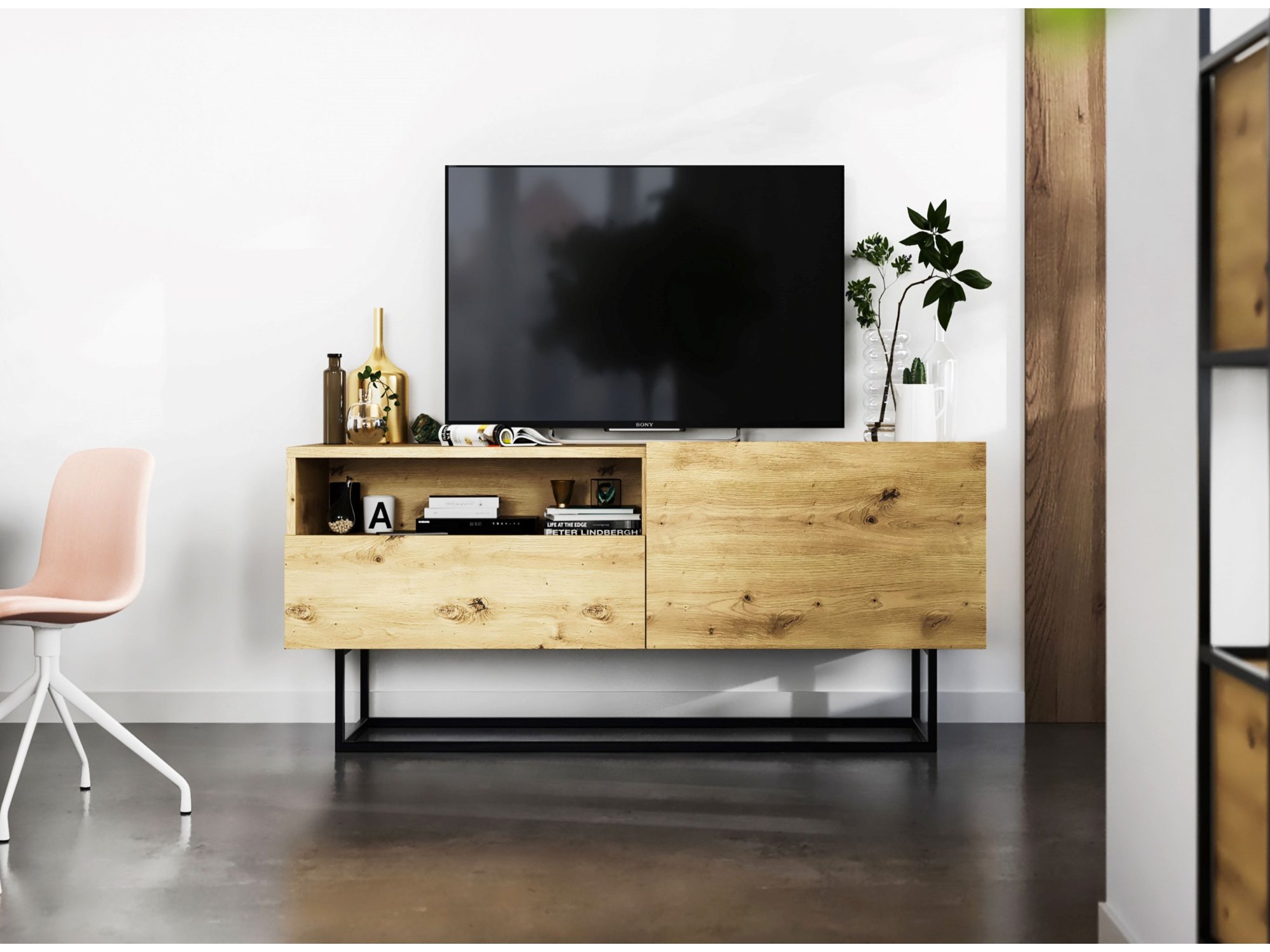 Szafka RTV ENJOY Loft Industrialna szuflada 120 cm stelaż kolor dąb artisan