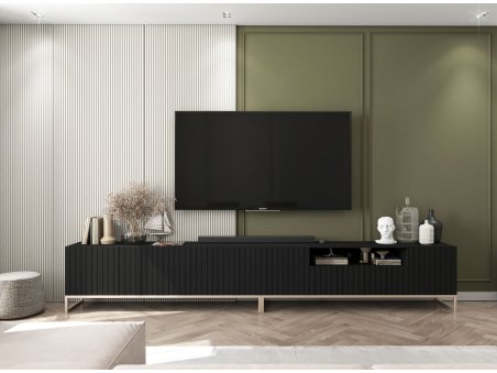 Nowoczesna Szafka RTV Glamour ELPIS - 300 cm - czarny mat front 3D ze złotą ramą2