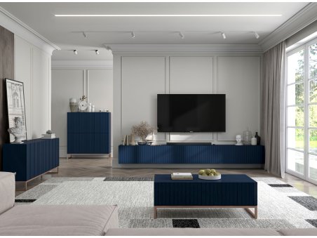 Wisząca szafka RTV Glamour ELPIS - 300 cm - granatowy mat front 3D