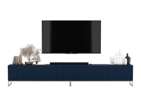 Szafka RTV Glamour ELPIS - 300 cm - granatowy mat front 3D z miedzianą ramą1