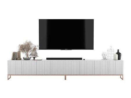 Szafka RTV Glamour ELPIS - 300 cm - biały mat front 3D z miedzianą ramą1