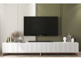 Szafka RTV Glamour ELPIS - 300 cm - biały mat front 3D z miedzianą ramą